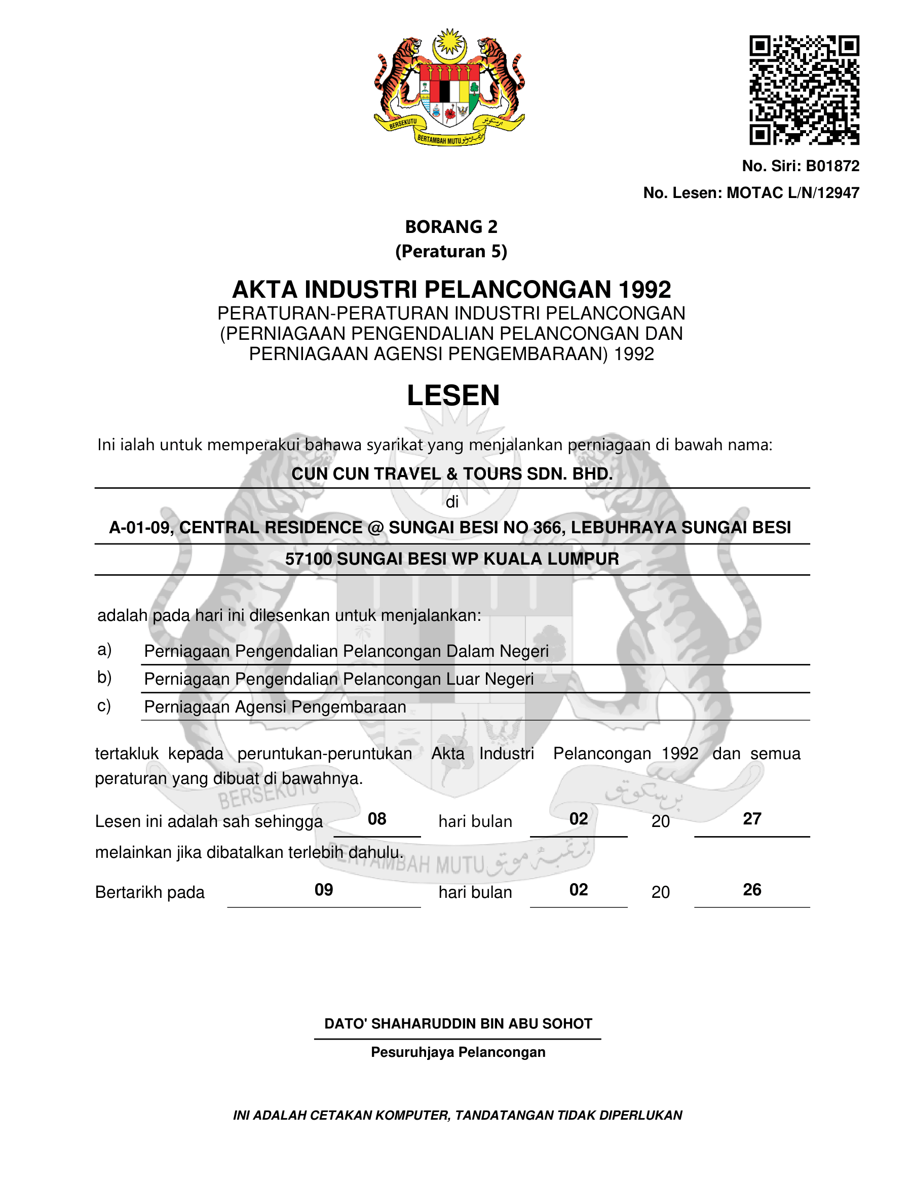 Cun Cun Travel Official MOTAC License